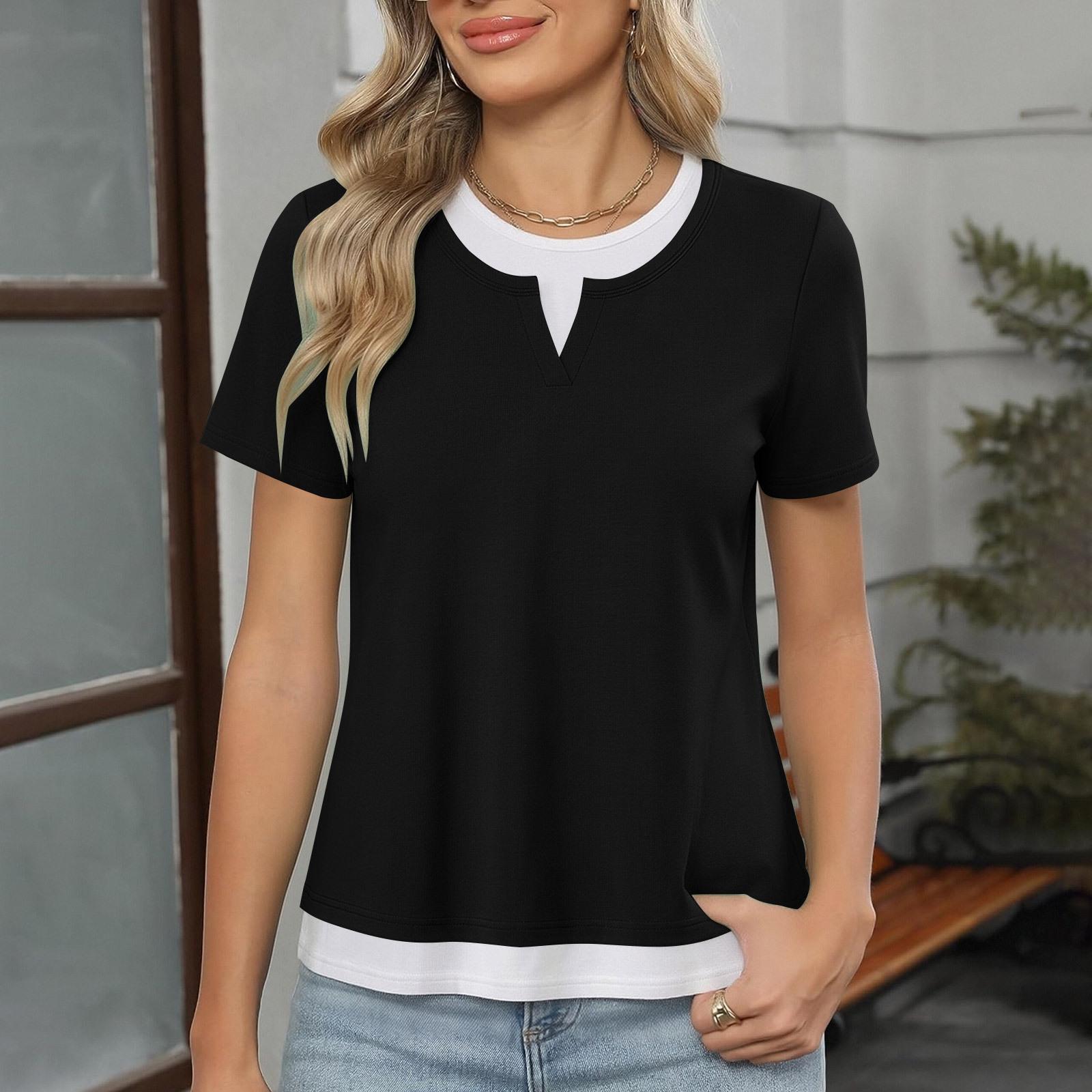 Women s Fashionable Casual Stitching Short-sleeved V-neck Fake Two-piece Round-neck Pullover Short-sleeved Top L чёрный