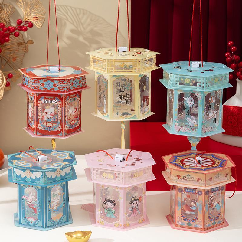 Handmade Children's DIY Mid-Autumn Festival Rabbit Lanterns: Ancient Style Hexagonal Palace and Handheld Flower Lanterns, Hanfu Accessories.