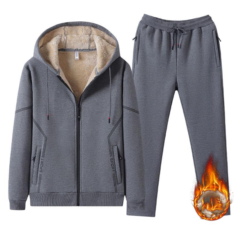 Mens Lambswool Thickened Sportswear Set Autumn Winter Plus Size Fleece Cardigan Two Piece Sweatshirt