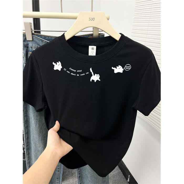 

Футболка облегающего кроя с рисунком ретро-кота для женщин - коллекция лето 2025