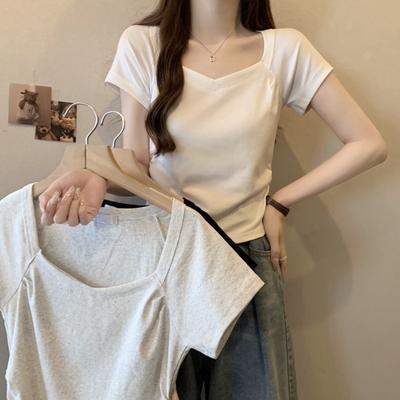 Cotton Square Neck Short Sleeve Casual T-shirt for Women Summer Slim Fit Solid Office Lady Tee Tops Clothes Elegant Simple T Shirt Female 24214