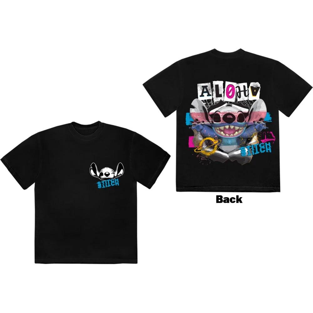Disney Unisex T-Shirt: Stitch Aloha Collage (Black) (Back Print) (Medium) 2XL