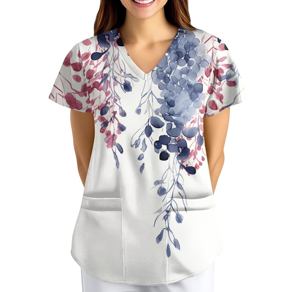Plus size bedrukte scrub werkkleding tops voor dames met V-hals en print, korte mouwen, leuke T-shirts, werkkleding T-shirt met zakken