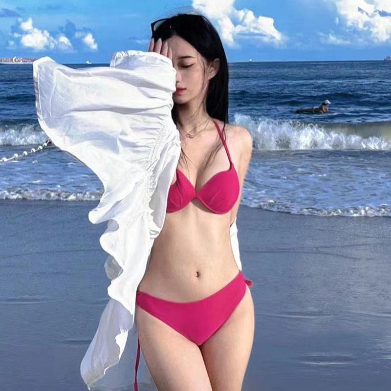 Rose Red Three-Piece Swimsuit Bikini with Underwire for Small Chest