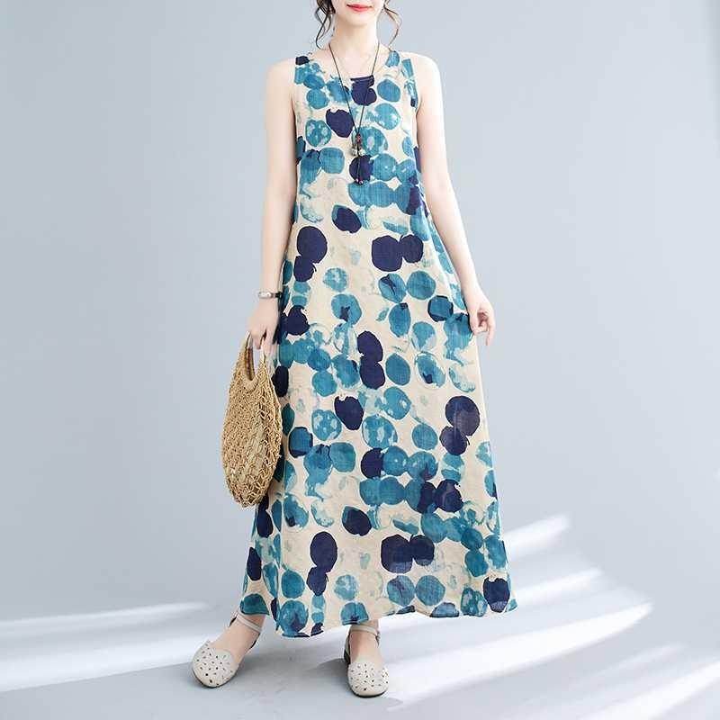 Long Skirt Summer New Sleeveless Round Neck Printed Mid Length Dress