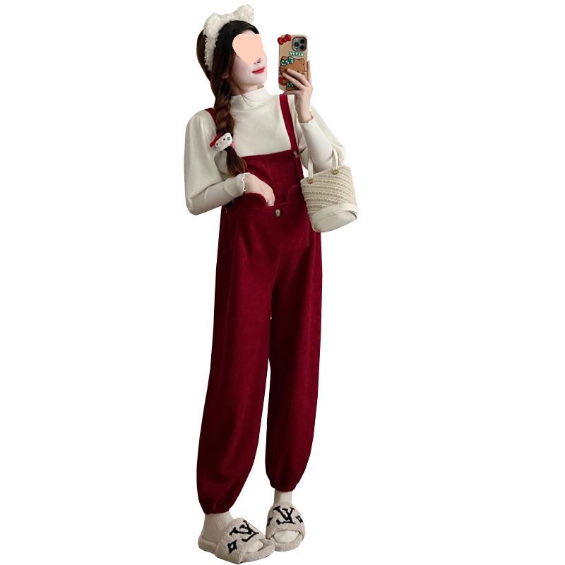 Adjustable Drawstring Maternity Overalls Set with Bubble Sleeve Top for Fall & Winter
