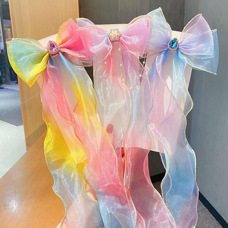 Girls Cute Elegant Mesh Bow Ribbon Hair Clip With Faux Pearl Tassel Crystal Decoration Colorful Chiffon Headwear For Party Kids
