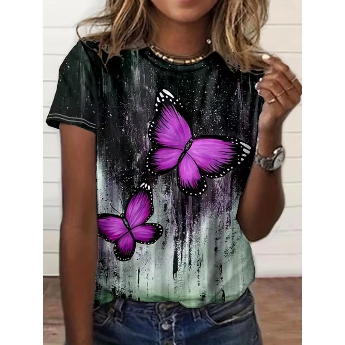 

Fashion Women Retro Butterfly Patterns Print T Shirt Funny Casual O-neck Short Sleeves T-shirt Summer Female Tee Shirt XS фиолетовый