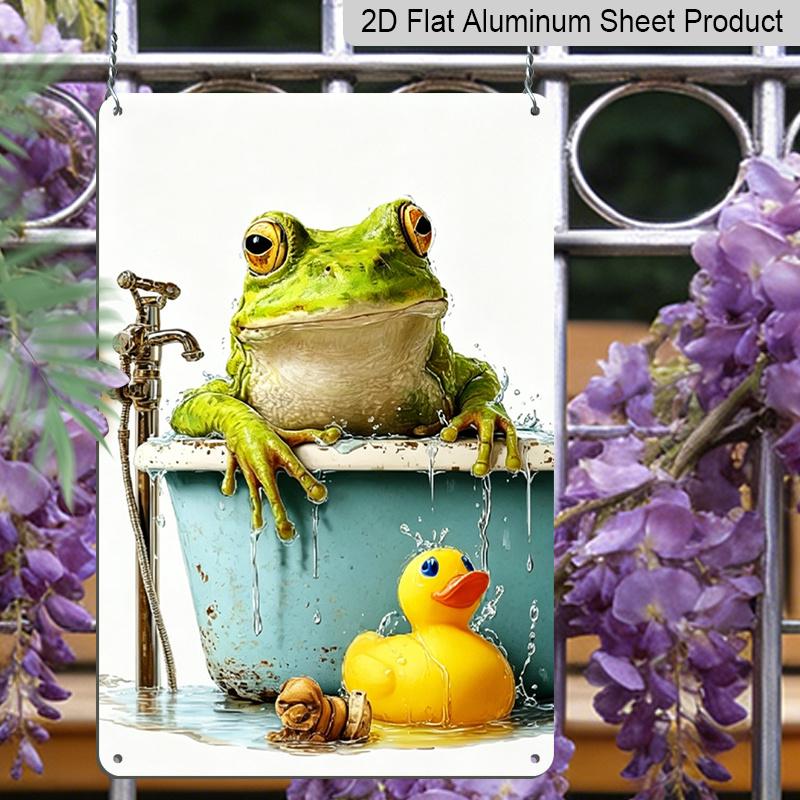 2D Flat, Retro Frog in Bathtub Aluminum Wall Sign - Vintage French Decor Suitable for Home, for Man Cave, Bars, Cafes | Indoor/Outdoor Bathroom