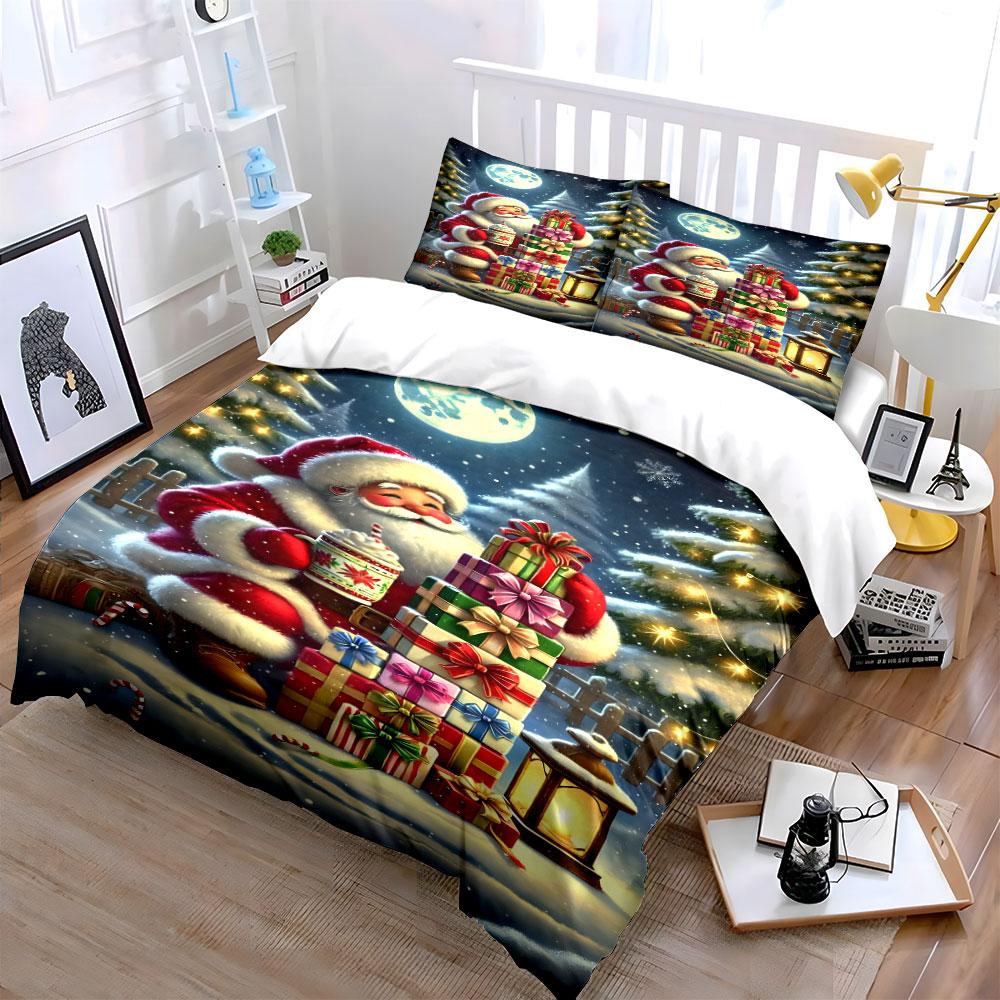 Santa with Gifts Christmas Set Bedding Duvet Cover Set Duvet Cover Pillowcases (1*Duvet Cover 2*Pillowcases, without duvet insert)