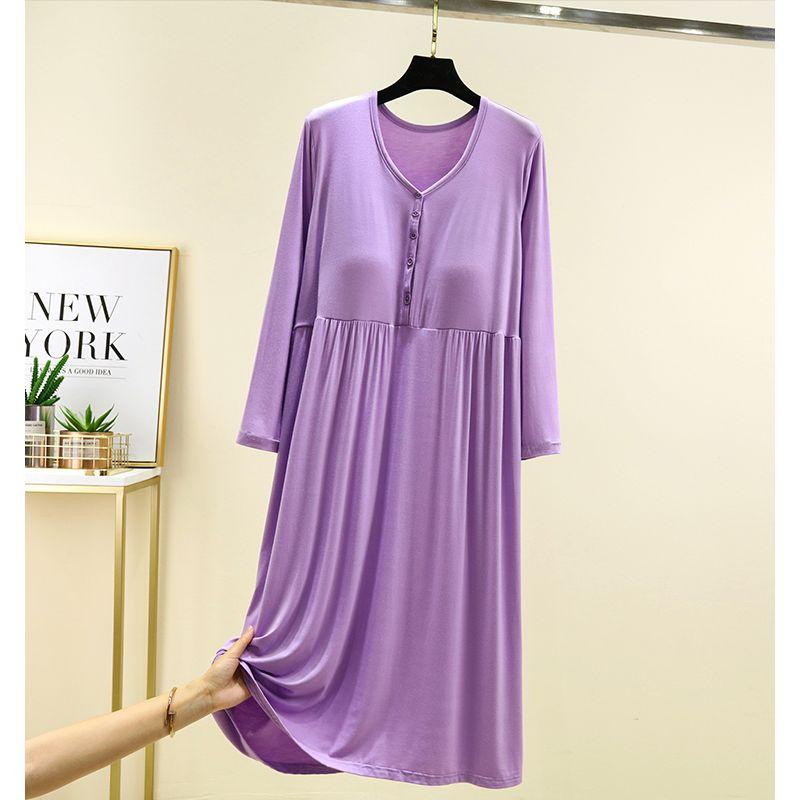 

Summer Modal Chest Pad Dress plus Size Waist Trimming V Neck Sleeping Dress Long Sleeves Bra-Free Long Slim Looking Nightdress Taro color Free size (recommend 40.00 kg-90.00 kg