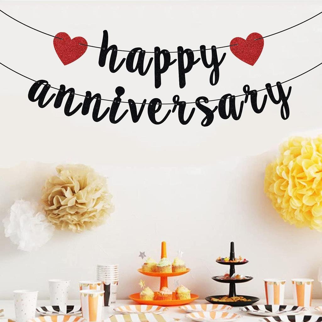 Happy Anniversary Banner, Anniversary Party Decorations, We Still Do, Happy Wedding Day Party Decoration Supplies Black Red Glitter