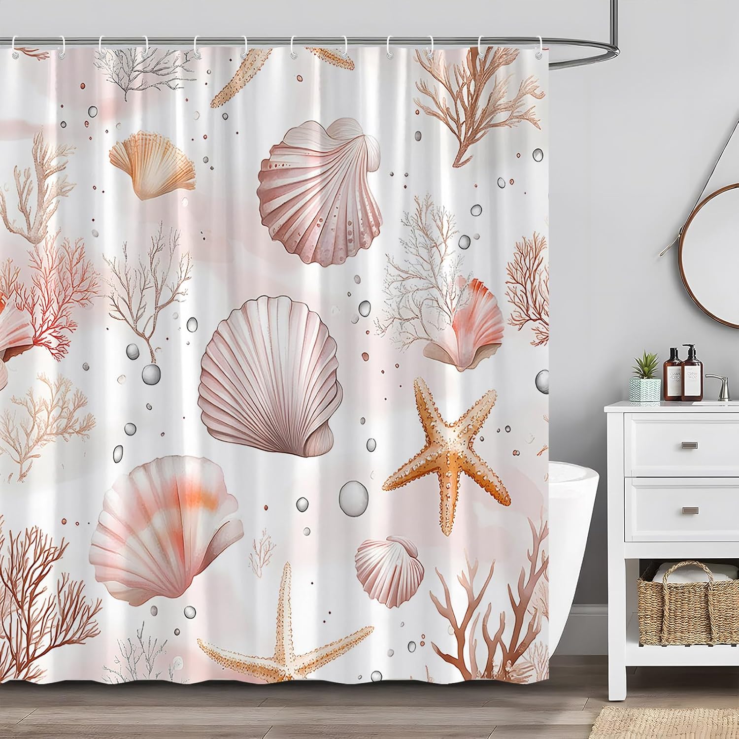 Annier Coral/Pink Beach Shell Shower Curtain Coastal Starfish Cute Sea Life Underwater World Hawaii Nautical Abstract Ocean Bathroom