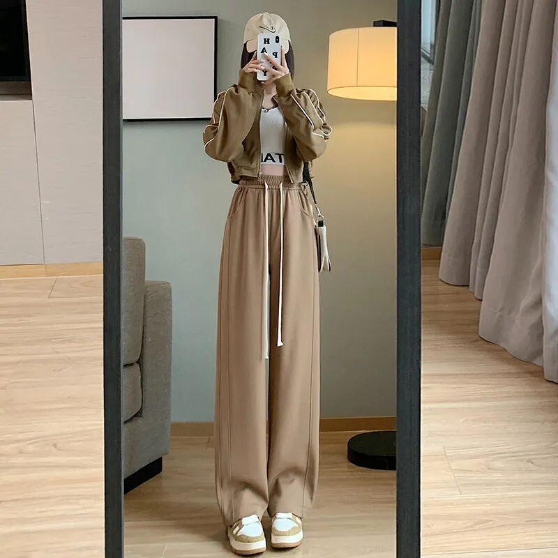 Women's High Waist Wide Leg Pants Loose Fit Straight Sweatpants Drawstring Solid Color Summer American Casual Banana Trousers