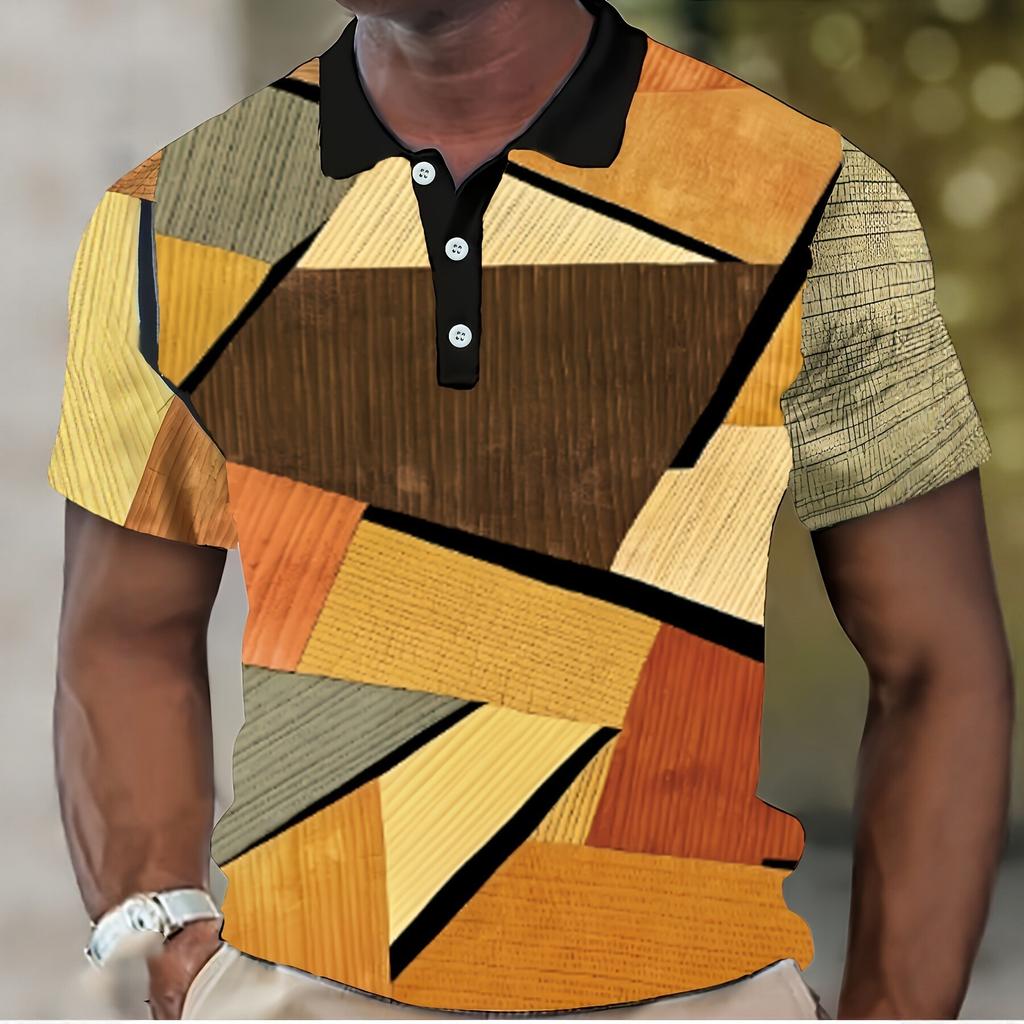 Wood Grain Geometric Short Sleeve Polo Shirt Men's Clothing