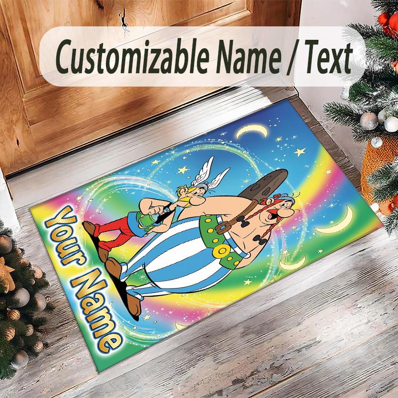 Personalized Crystal Velvet Carpet Custom Name Text,Asterix & Obelix Anti Slip Area Rug For Home Decoration