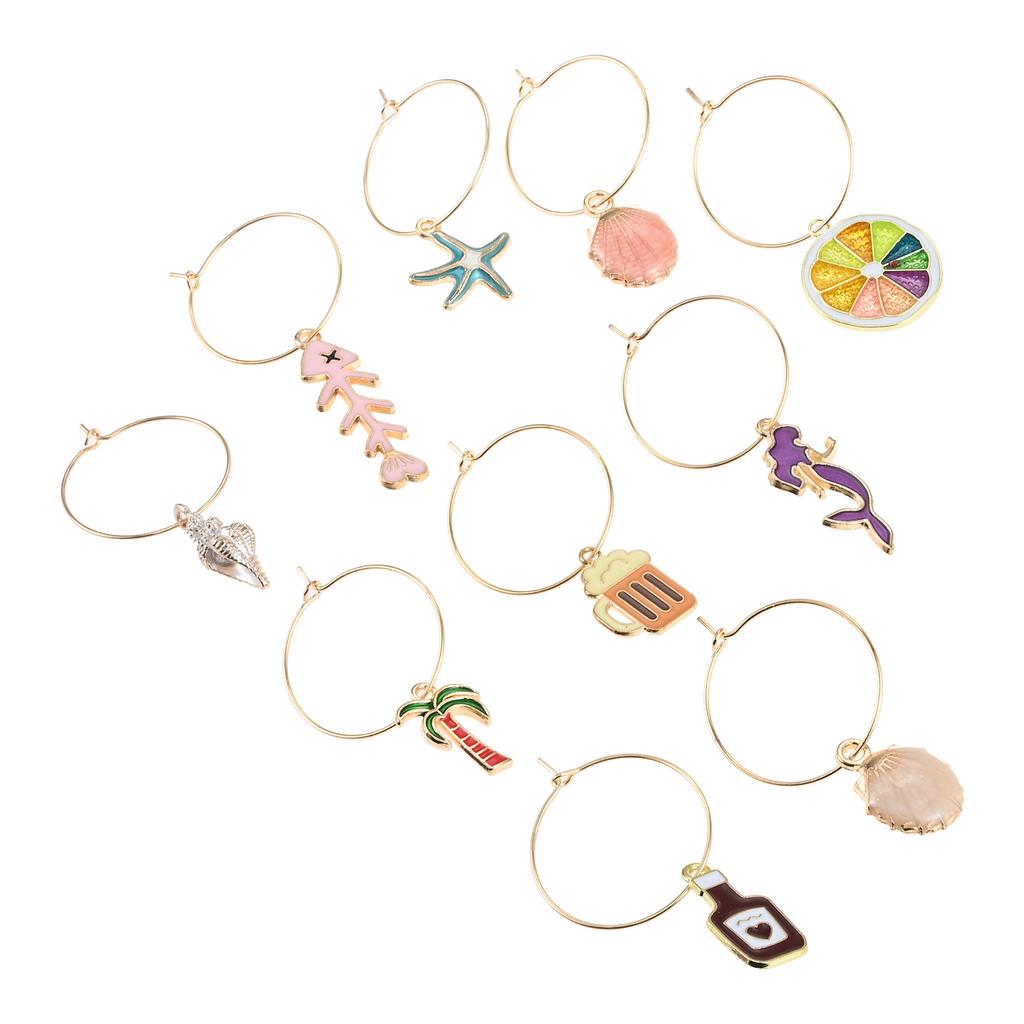 10pcs Beach Themed Wine Glass Charms for Stem Glasses Markers Drink Markers Tags Glass Identifiers for Party Weddings Home Bar