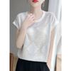 Summer New Round Neck Sequined Knitted Short-sleeved T-shirt Thin Ice Silk Shirt Top for Women
