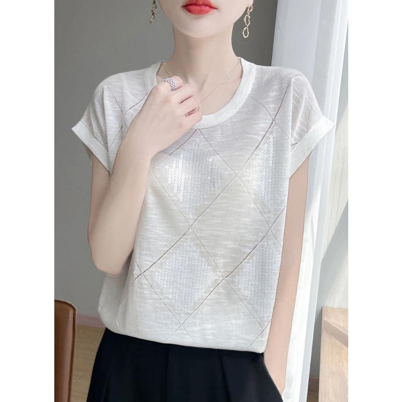 Summer New Round Neck Sequined Knitted Short-sleeved T-shirt Thin Ice Silk Shirt Top for Women