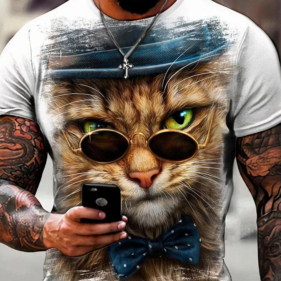 

Мужская трендовая футболка с изображением кота для мужчин, повседневная модная уличная мода, регулярный крой с круглым вырезом и коротким рукавом, удобный материал, одежда 6XL