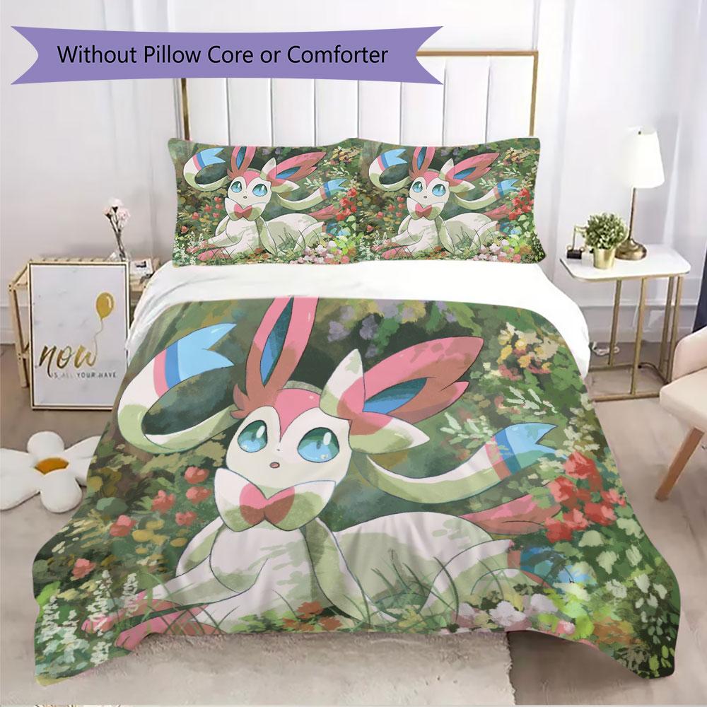 Pink Sylveon Design 3 Piece Bedding Set Cute Pokemon Theme Duvet Cover Pillowcases For Kids Girls Room
