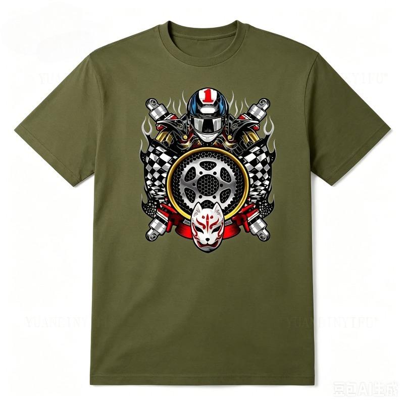 Japanese Kitsune Fox Mask Racing Helmet Motorcycle Sprocket Graphic T Shirt Crew NeckSleeve Streetwear Tee for Motorbike Rider