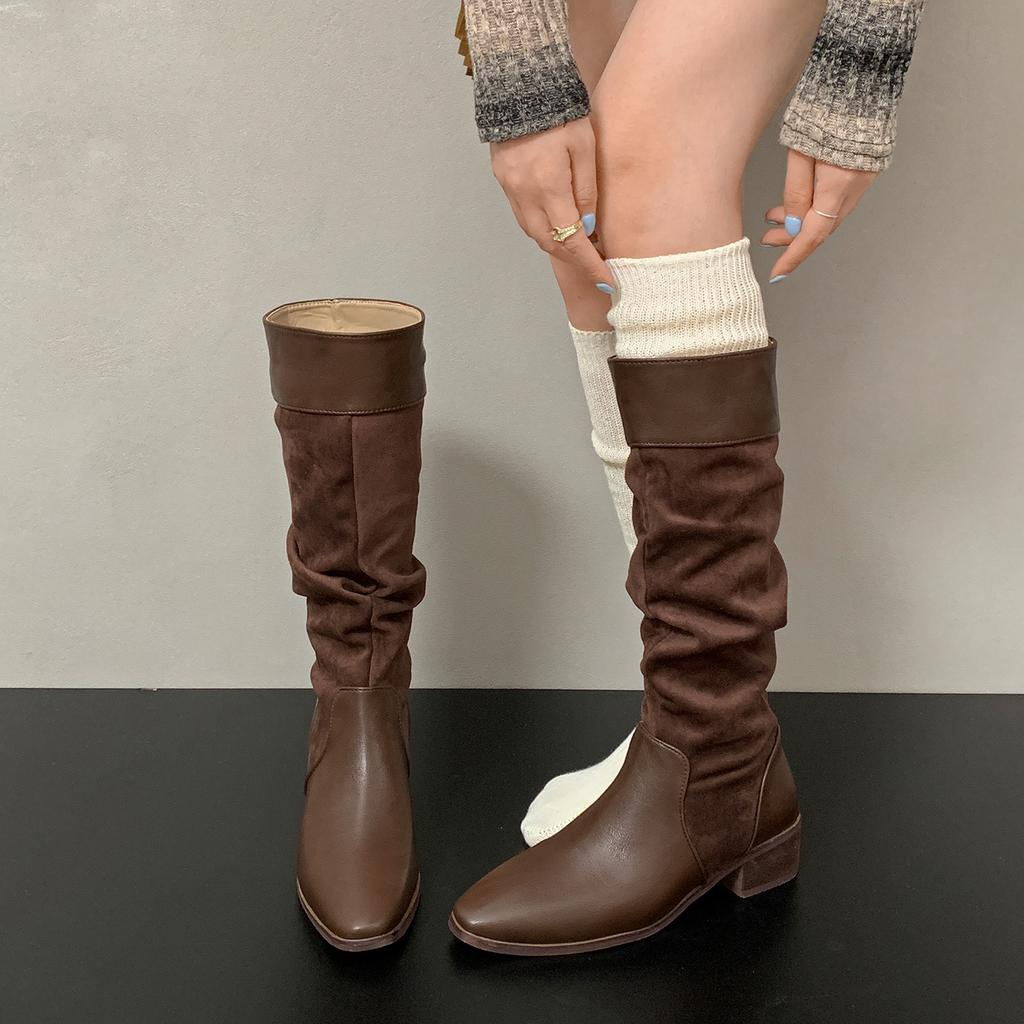 Brown retro but knee thick heel boots children's boots 2025 new autumn thin and heightened heap knight boots