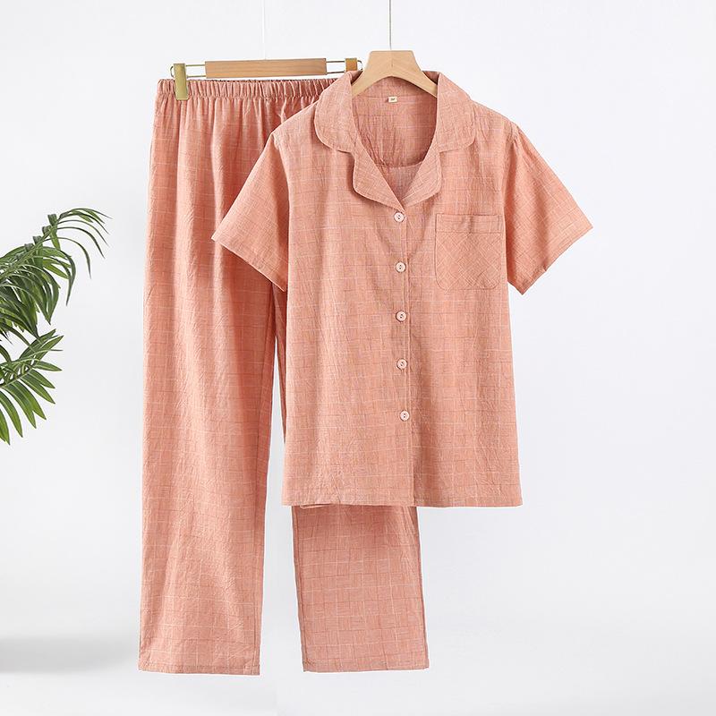 Spring and summer pure cotton washed cotton hidden compartment lapel collar couple men's women's short-sleeved trousers lapel collar cardigan pajamas