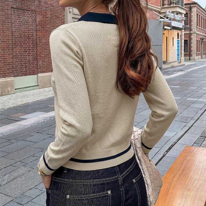 New Style Casual Polo-neck Semi-open Color-block Sweater for Women