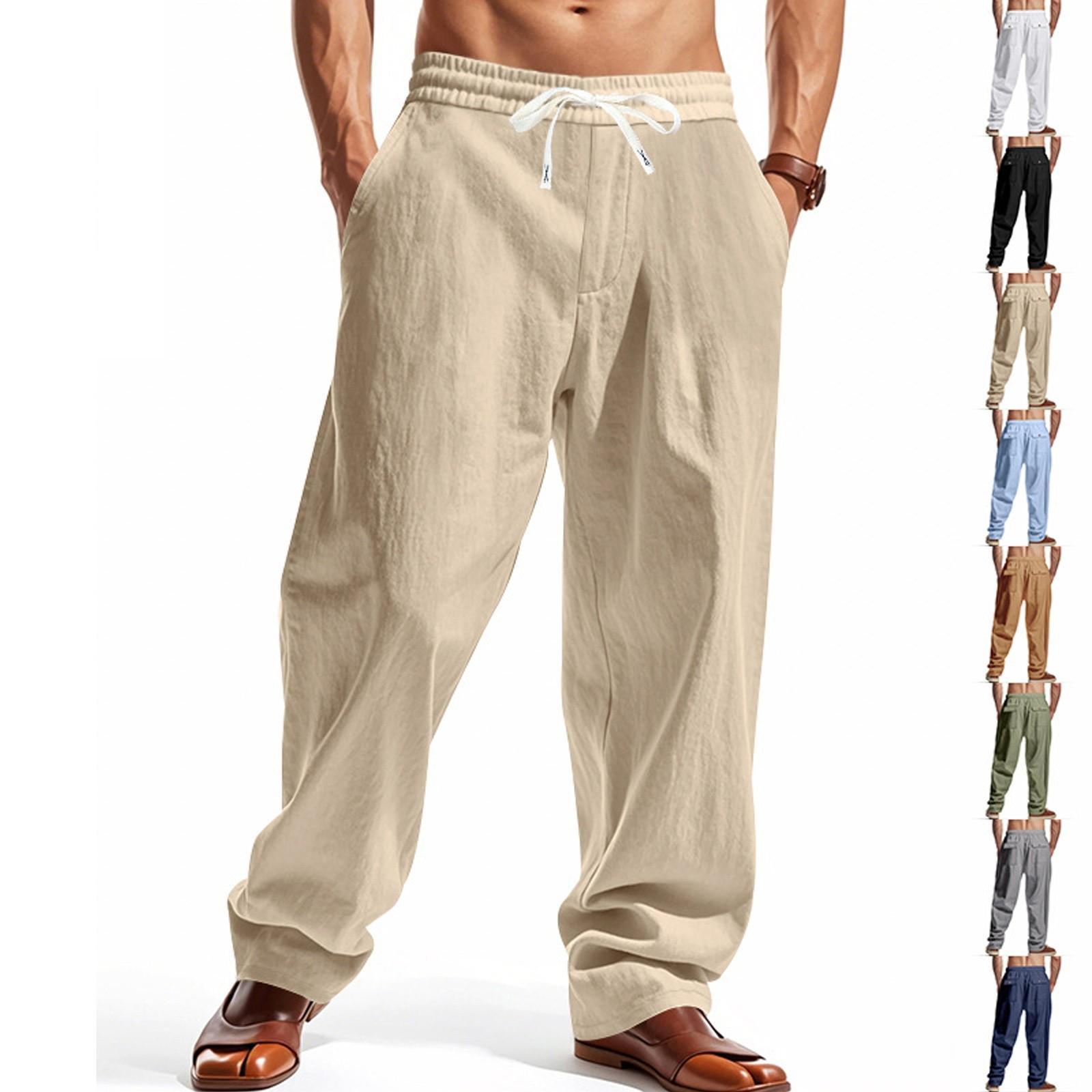 

Linen Pants, Men s Casual Solid-color High Street Wide-leg Cargo Pants, Lace-up Work Pants With 4 Pockets M білий