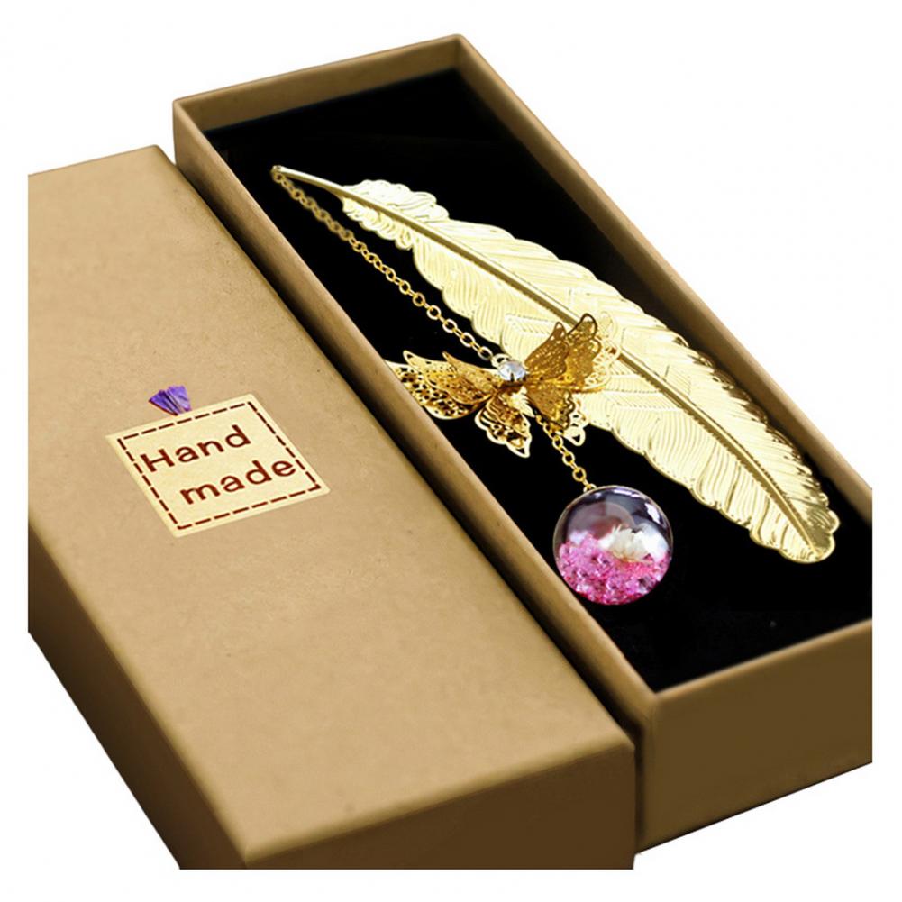 Bookmark Metal Feather Bookmark 3D Butterfly Pendant Dried Flower Book Lovers Teachers Gift Book Accessories With Gift Box