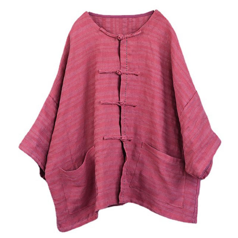 Johnature Women Shirts Chinese Style Button Tops O-Neck Short Sleeve Summer Blouses Vintage Pockets Shirts