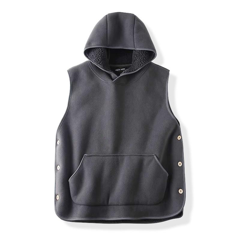 Lady Thermal Vest Women Side Button Closure Fleece Hooded Vest Solid Color Front Pocket Casual Top For Fall Winter