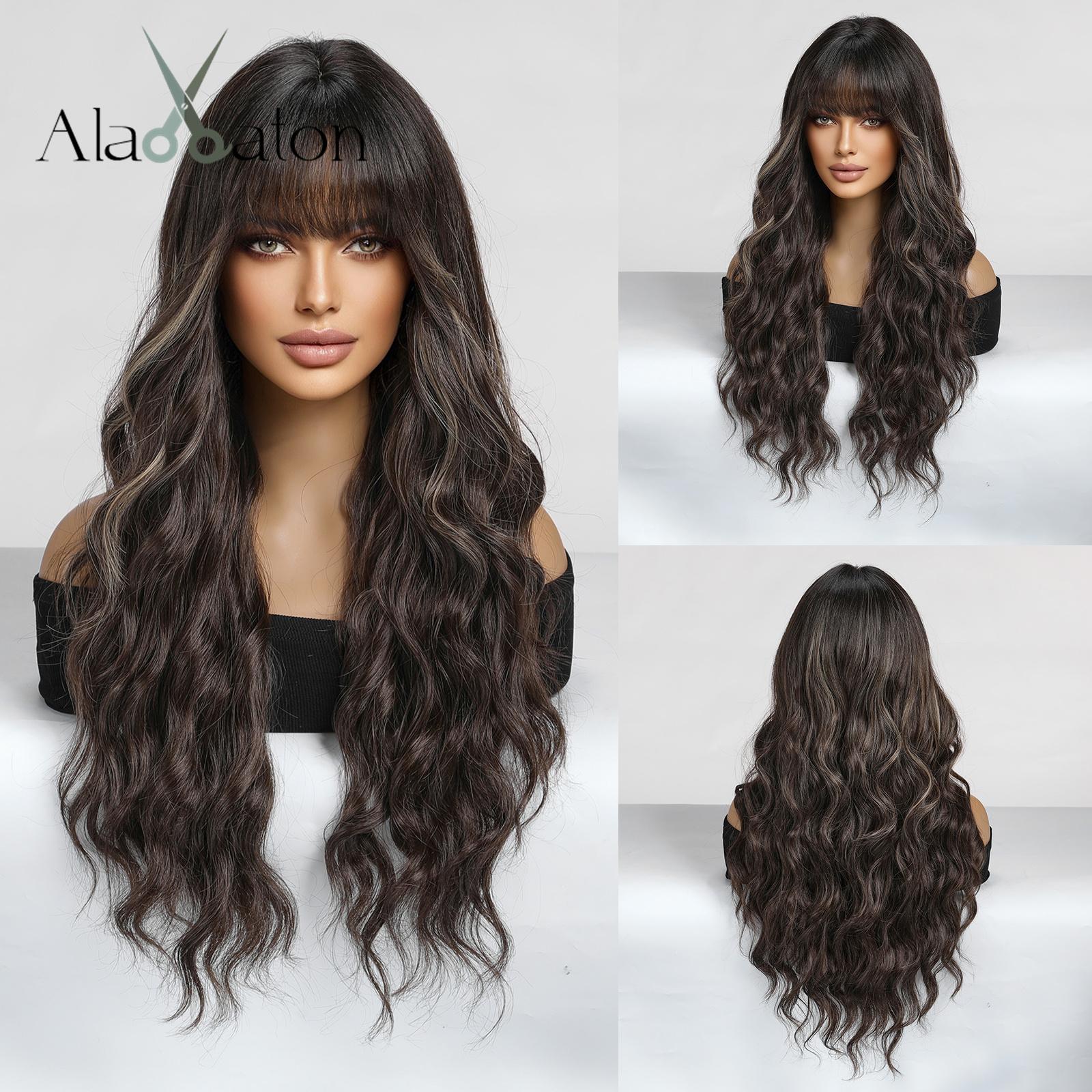 

Длинные волнистые парики ALAN EATON для чернокожих женщин, афроамериканские синтетические волосы, светло-коричневые парики с челкой, термостойкие косплей