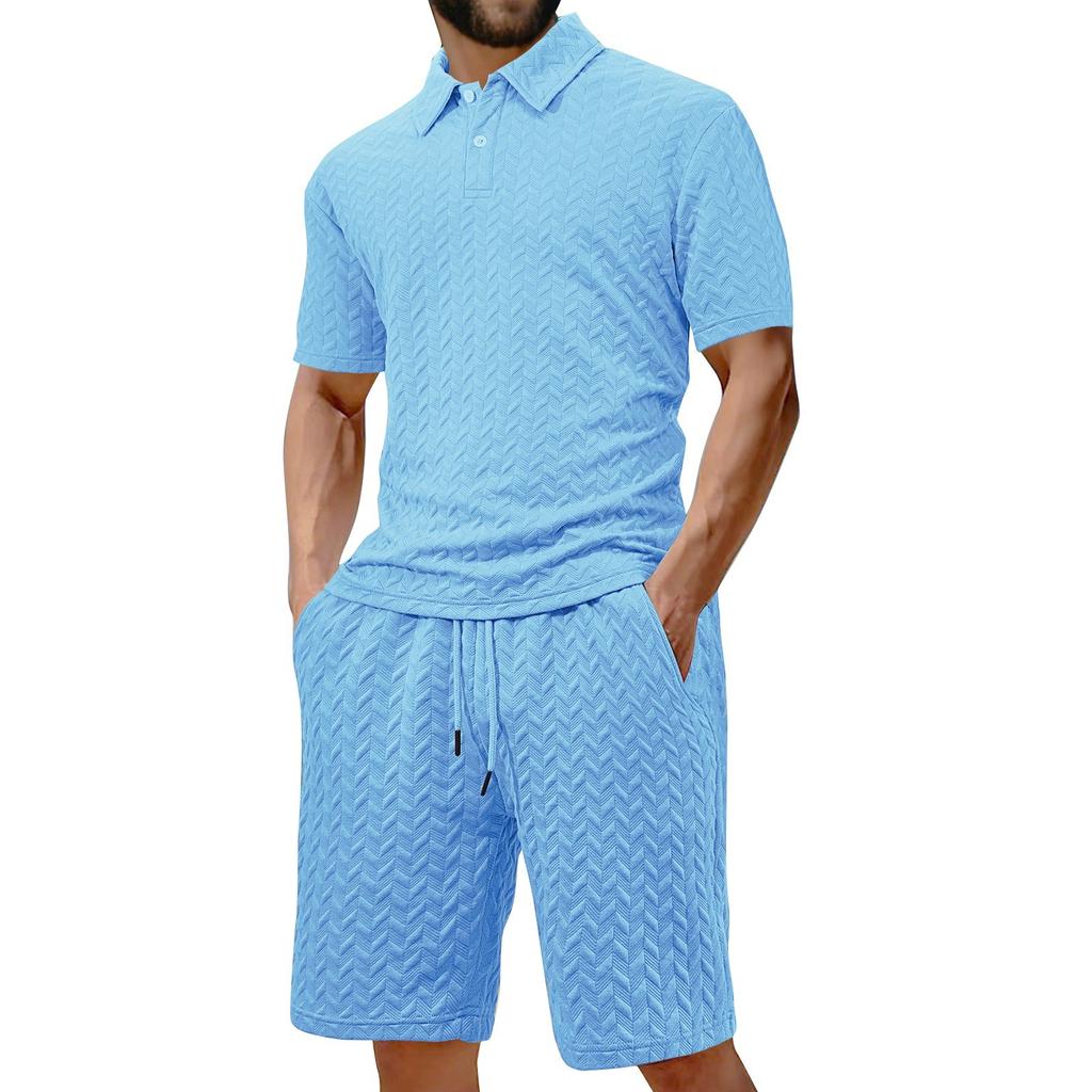 Men's Summer Solid Color Short Sleeve Button Lapel Shirt Shorts Set