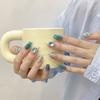 100% HANDMADE Press On Artificial Nail Medium Coffin Shape Ice Blue Ocean Sequin Cat's Eye Phototherapy Nails Fake Nails Reusable