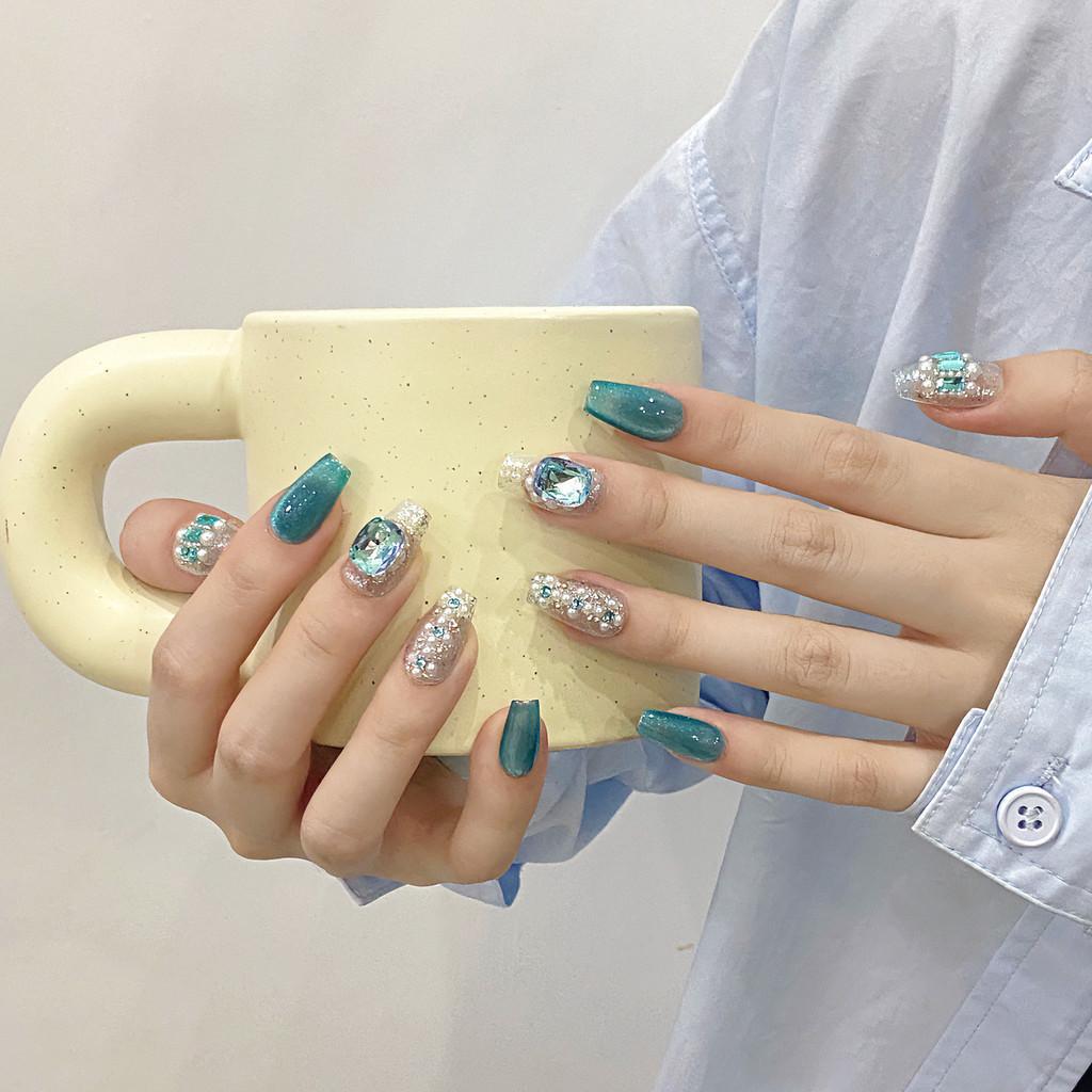 100% HANDMADE Press On Artificial Nail Medium Coffin Shape Ice Blue Ocean Sequin Cat's Eye Phototherapy Nails Fake Nails Reusable
