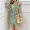 Women Plus Size Asymmetric Cold Shoulder Long Sleeve Retro World Map Print Irregular Wrap Bodycon Midi Dress