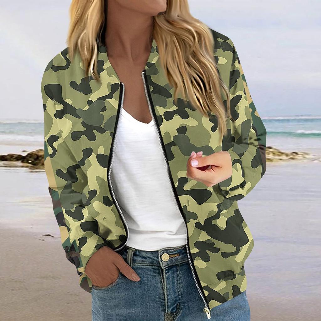 Damen Langarm Reißverschluss Camouflage Print Jacke Lässige Steppjacke mit Taschen