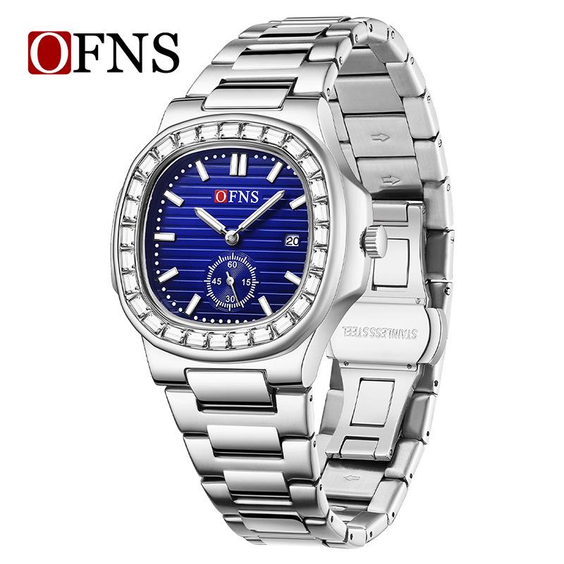 OFNS Men's Classic Quartz Watch: Square Diamond-Inlaid Dial, Dual Calendar, Waterproof, Two-Hand Design