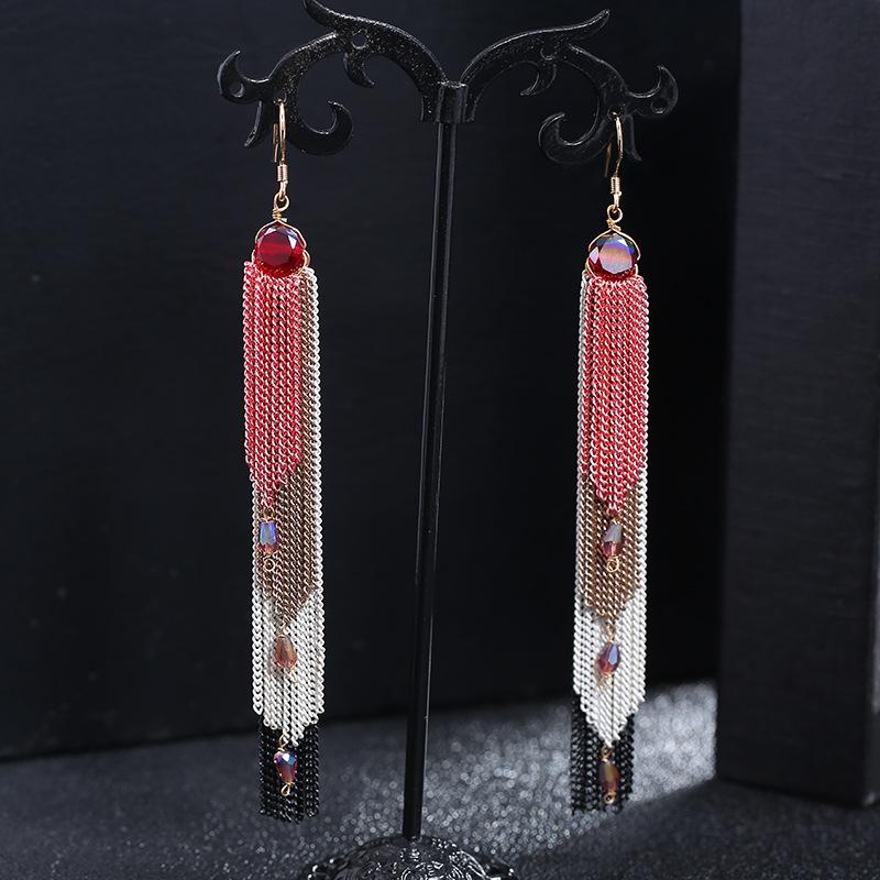 Retro trendy bohemian crystal fringed earrings 925 silver stud earrings temperament long women's personalized earrings