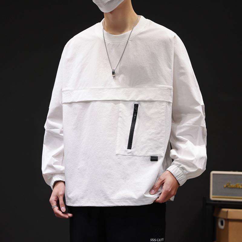 Spring Wear Thin Breathable Zipper Pocket Pullover Hoodie Male Students Loose Casual Long Sleeve T-shirt Elastic Handsome