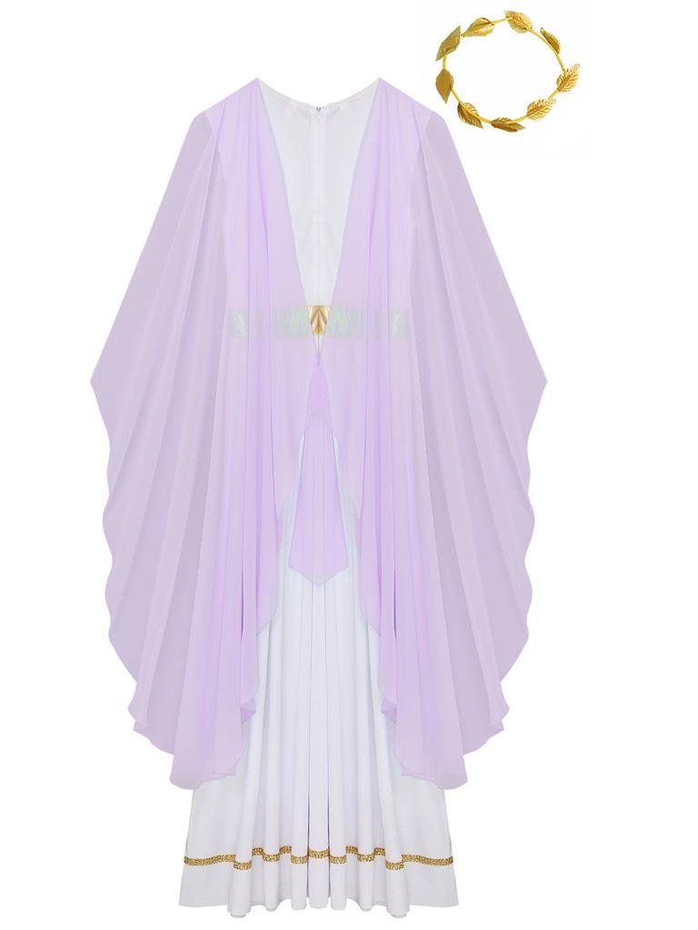 Frauen Halloween Antikes Rom Ägypten Griechische Toga Kostüm Ärmellose Schals Patchwork Robe Kleid mit Kopfbedeckung