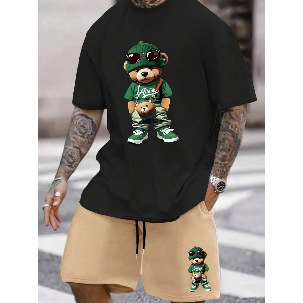 2026 Zomer Casual Korte Mouw Modieus Ademend Sport Set Losse Pasvorm Sneldrogend Heren Korte Mouw Hip-Hop Beer Print Set