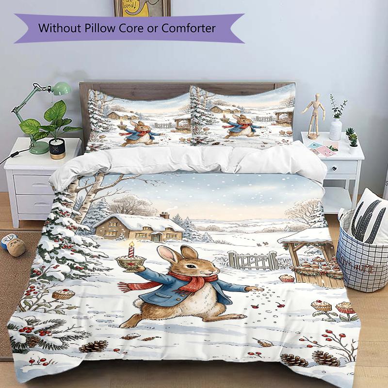 Winter Rabbit Delivery Print 3Pcs Bedding Setduvet Cover With 2 Bedropillowcase Home Birthday Gift