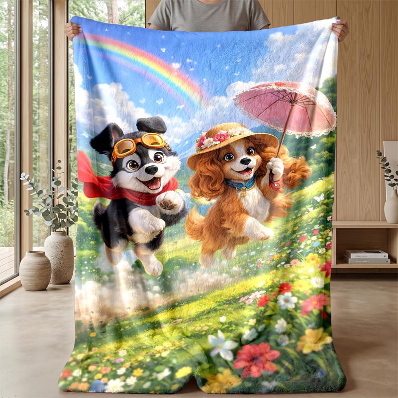 Fluffy Dog In Flower Garden Theme Blanket Lightweight Warm Flannel Blanket Decorative Throw Blanket for Home Decoration