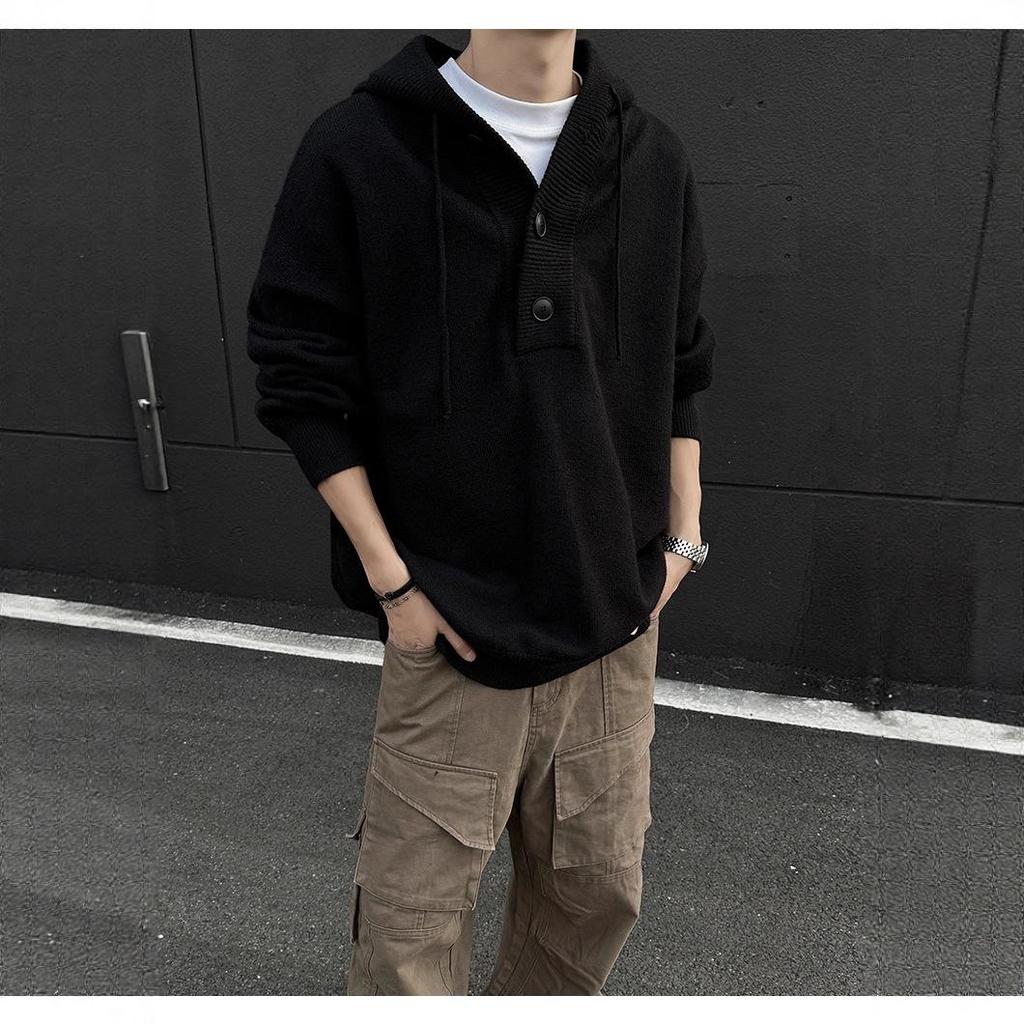 Men's Winter Heavyweight Hooded Knit Sweater - Solid Color Button Cardigan, Relaxed Fit, Urban Style.