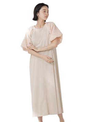 Nano Universe Damen Ballonsleeve Kombinationsschnitt Kleid, F 040, Beige, 673-5119341