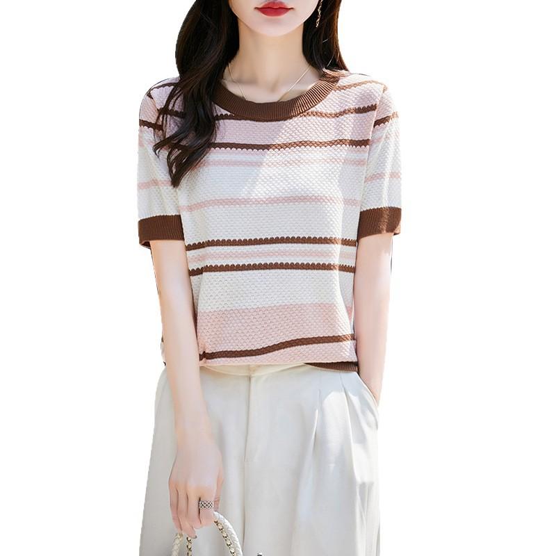 Summer New Women's Cotton Striped Crew Neck Knitted Sweater Fashion Versatile Short Sleeve Pullover T-Shirt Top