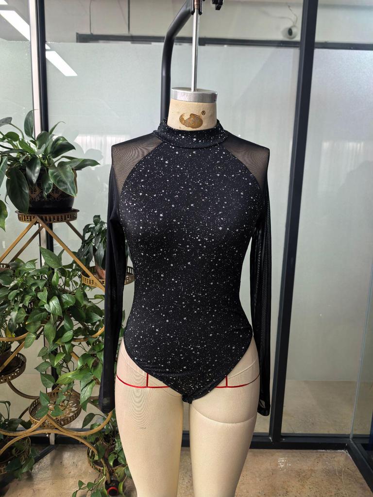 2025 European & American Shiny Patchwork Mesh Bodysuit T-shirt
